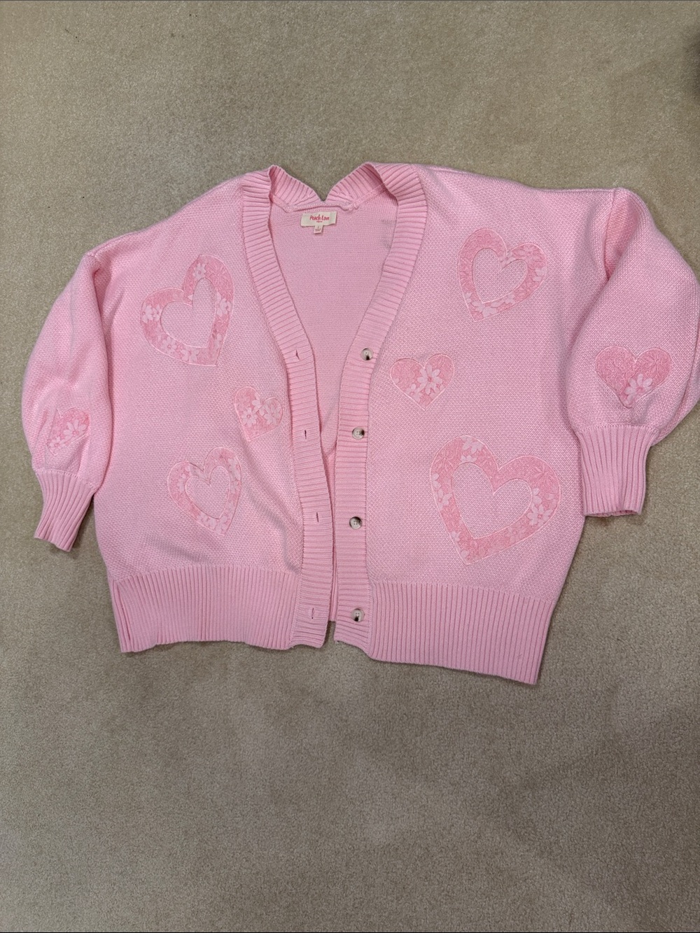 Pink Heart Appliqué Women's Cardigan Sweater - Peach Love
